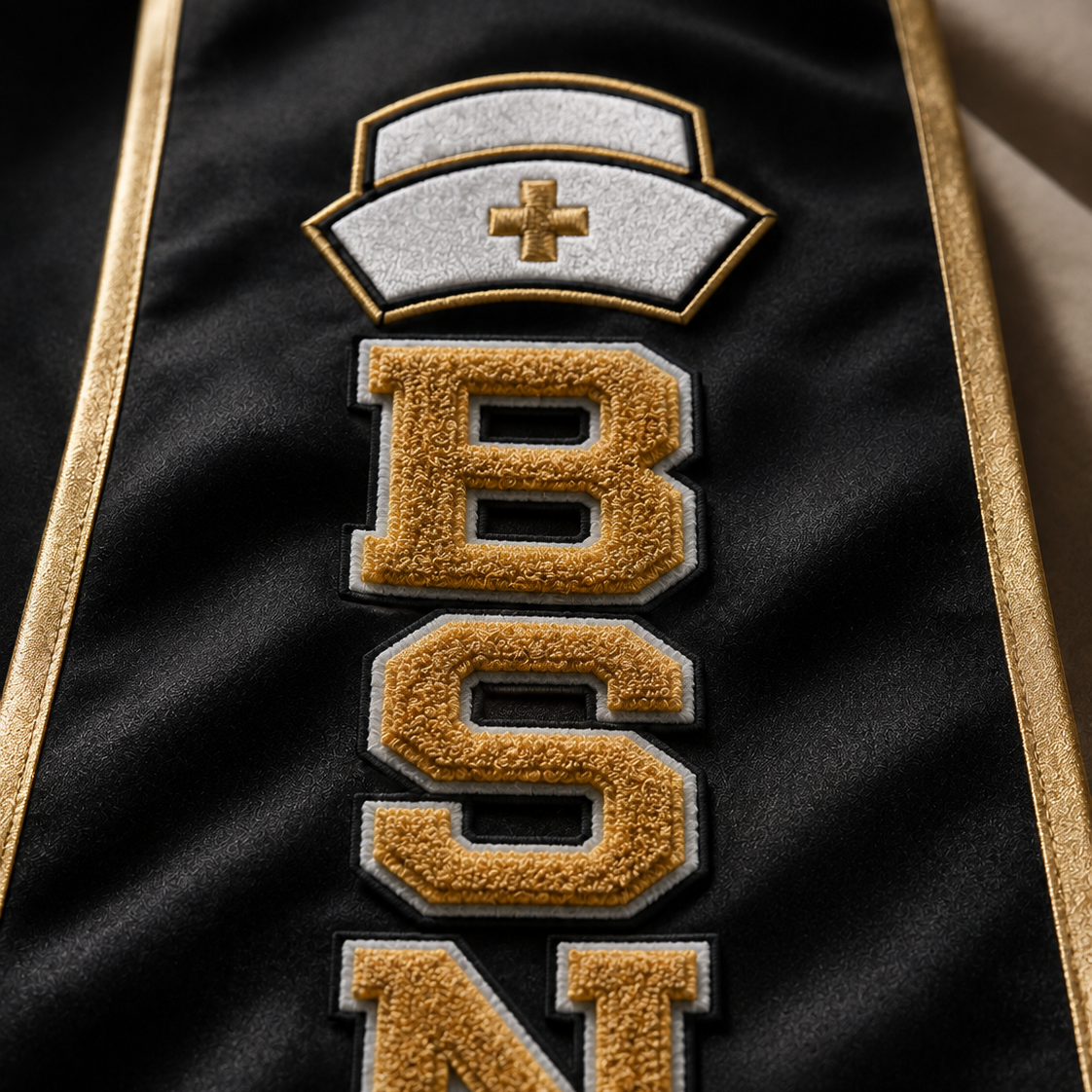 Close-up of an embroidered nurse cap and gold lettering on a custom stole