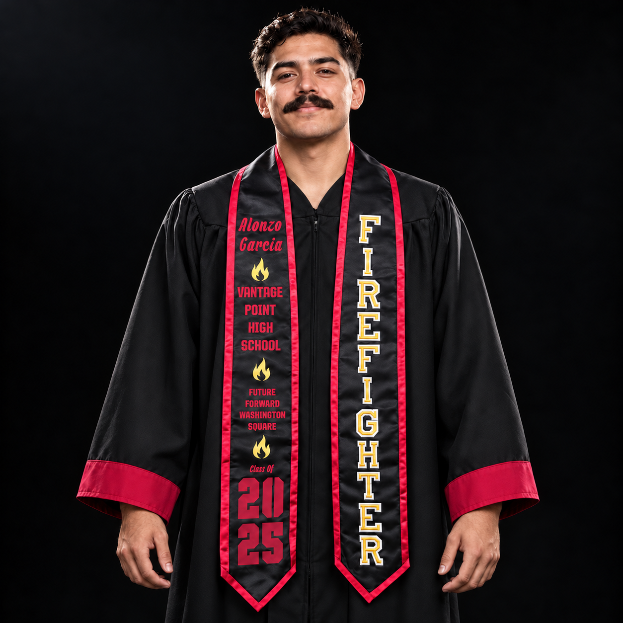 Graduate wearing a custom firefighter graduation stole