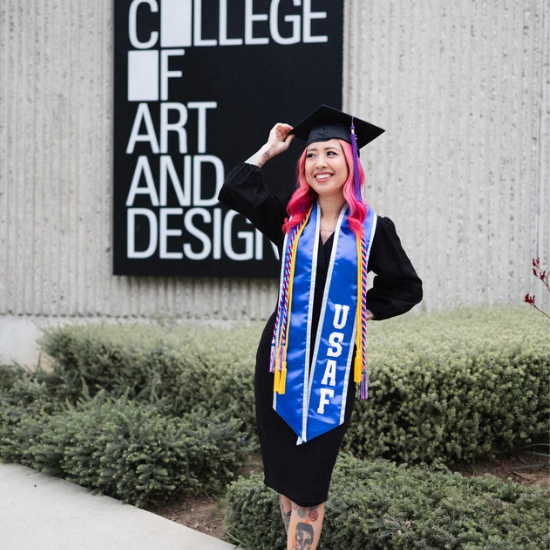 Graduate wearing a custom USAF graduation stole